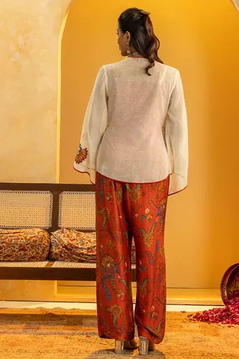 Off white floral printed silk kurta set