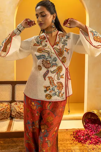 Off white floral printed silk kurta set