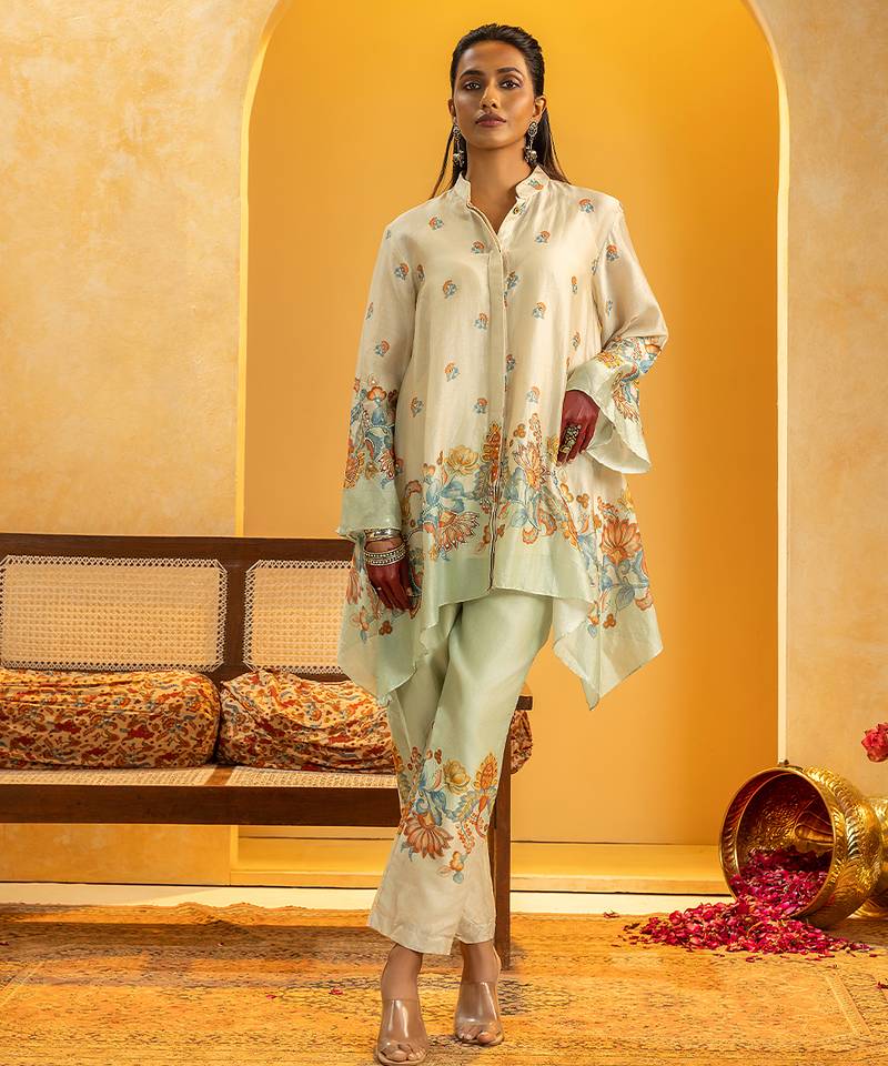Multicolor floral printed chanderi kurta set