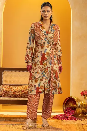 Multicolor floral printed silk kurta set