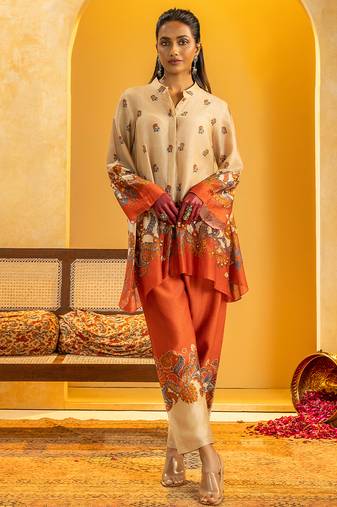 Beige floral printed chanderi kurta set