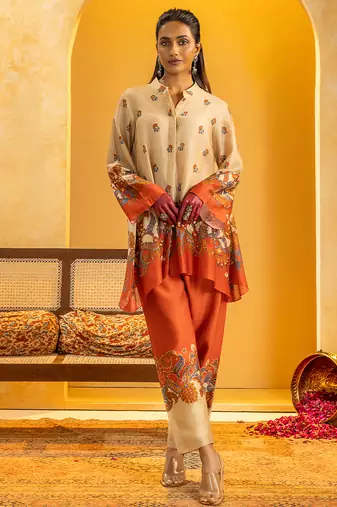 Beige floral printed chanderi kurta set