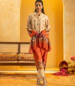 Beige floral printed chanderi kurta set