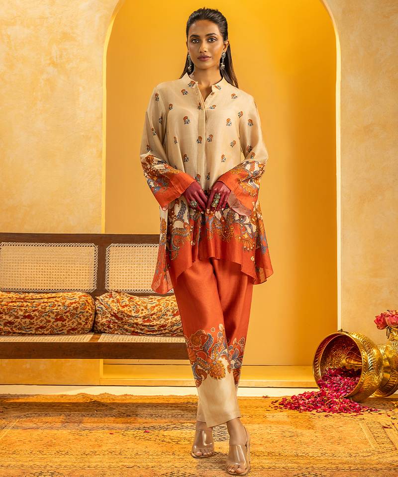 Beige floral printed chanderi kurta set