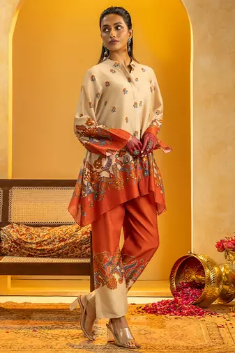 Beige floral printed chanderi kurta set