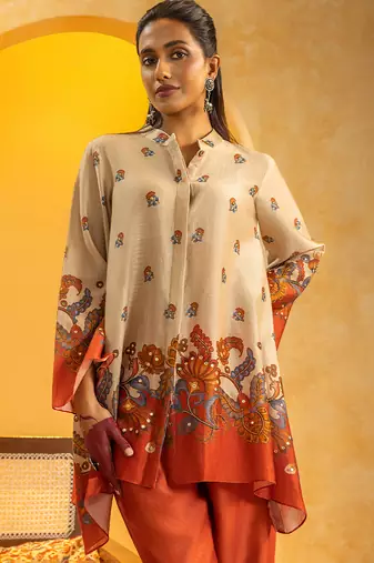 Beige floral printed chanderi kurta set