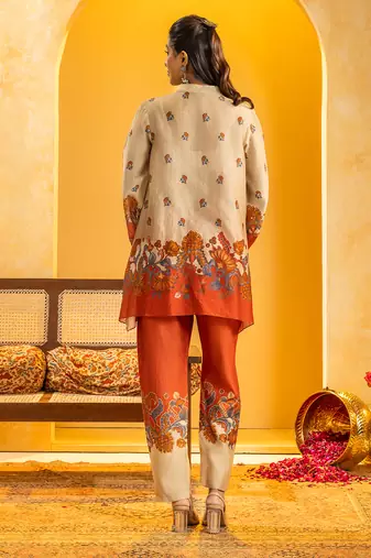 Beige floral printed chanderi kurta set