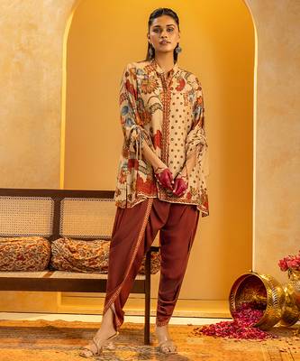 Beige floral printed silk kurta set 1
