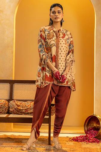 Beige floral printed silk kurta set