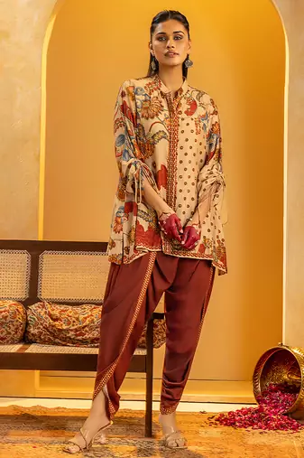 Beige floral printed silk kurta set