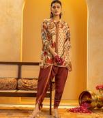 Beige floral printed silk kurta set