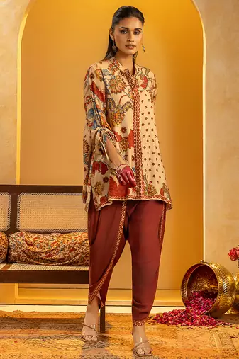 Beige floral printed silk kurta set