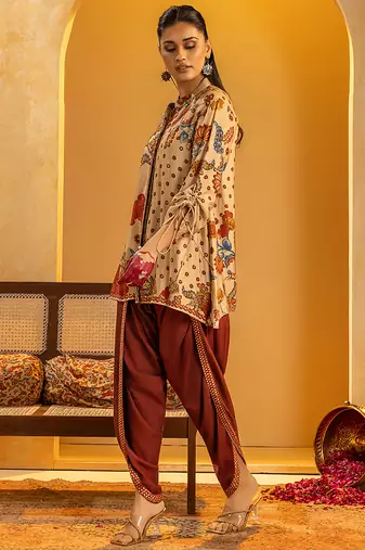 Beige floral printed silk kurta set
