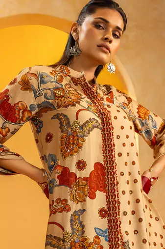 Beige floral printed silk kurta set