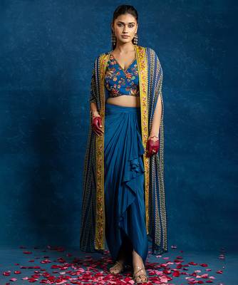 Blue floral printed crepe Co Ord Set with Cape 1