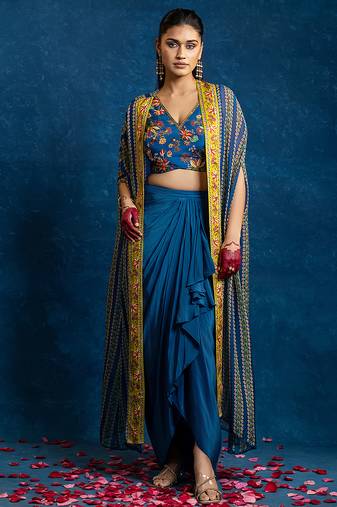 Blue floral printed crepe Co Ord Set with Cape