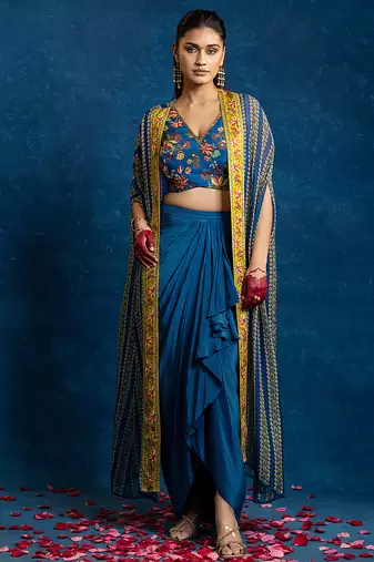 Blue floral printed crepe Co Ord Set with Cape