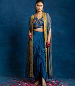 Blue floral printed crepe Co Ord Set with Cape