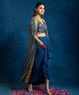 Blue floral printed crepe Co Ord Set with Cape 2