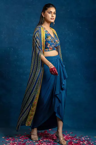 Blue floral printed crepe Co Ord Set with Cape