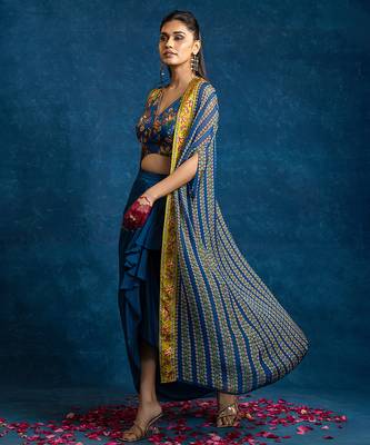 Blue floral printed crepe Co Ord Set with Cape 3