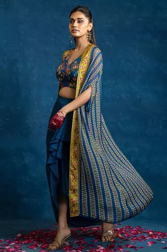 Blue floral printed crepe Co Ord Set with Cape