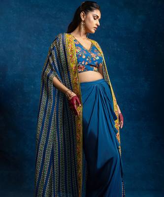 Blue floral printed crepe Co Ord Set with Cape 4