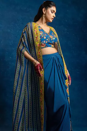 Blue floral printed crepe Co Ord Set with Cape