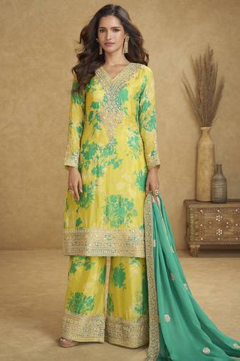 Light yellow chinon silk digital print palazzo suit