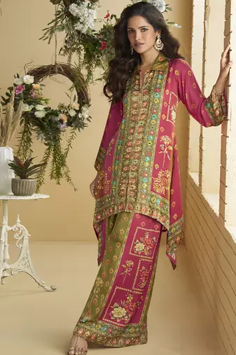 Pink crepe silk emblissed mirror work designer cord set