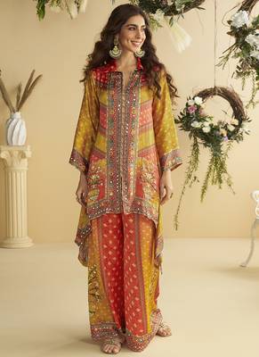 Yellow crepe silk emblissed mirror work designer cord set 1