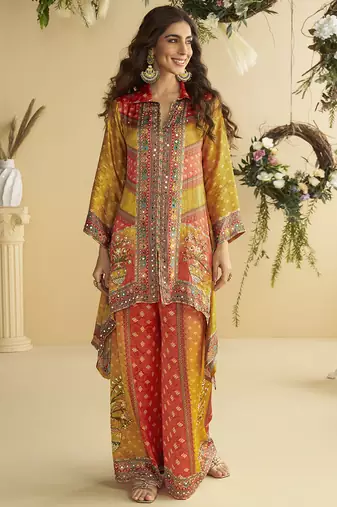 Yellow crepe silk emblissed mirror work designer cord set