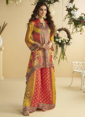 Yellow crepe silk emblissed mirror work designer cord set 2