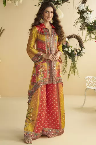 Yellow crepe silk emblissed mirror work designer cord set