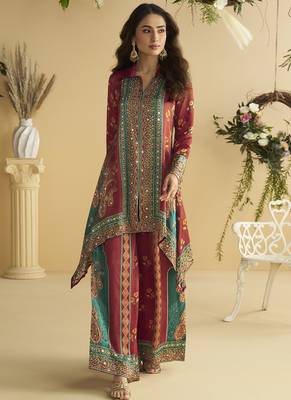 Maroon crepe silk emblissed mirror work designer cord set 1