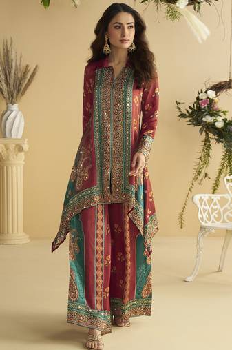 Maroon crepe silk emblissed mirror work designer cord set