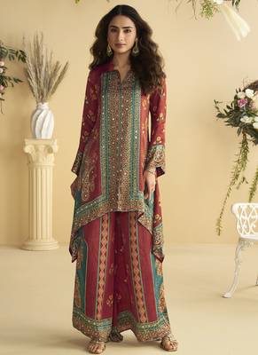 Maroon crepe silk emblissed mirror work designer cord set 2