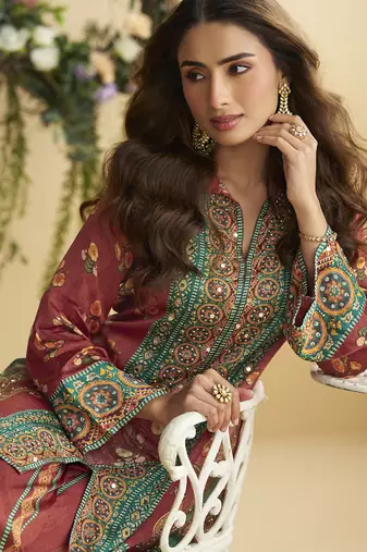 Maroon crepe silk emblissed mirror work designer cord set