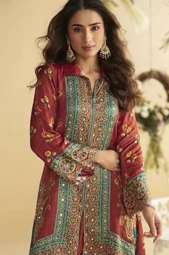 Maroon crepe silk emblissed mirror work designer cord set