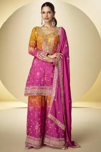 Pink chinon silk digital print palazzo suit