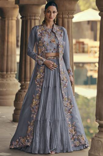 light blue chinon silk embroidered ready to wear lehenga with strug