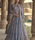 light blue chinon silk embroidered ready to wear lehenga with strug
