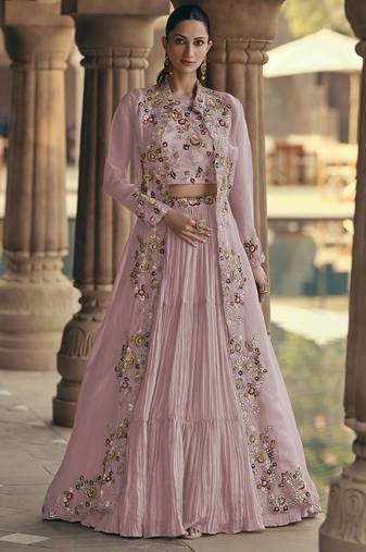 baby pink chinon silk embroidered ready to wear lehenga with strug