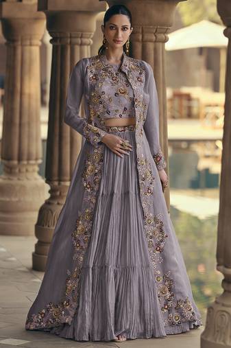 light lavender chinon silk embroidered ready to wear lehenga with strug