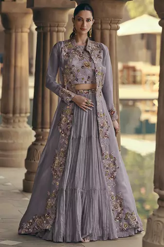 light lavender chinon silk embroidered ready to wear lehenga with strug