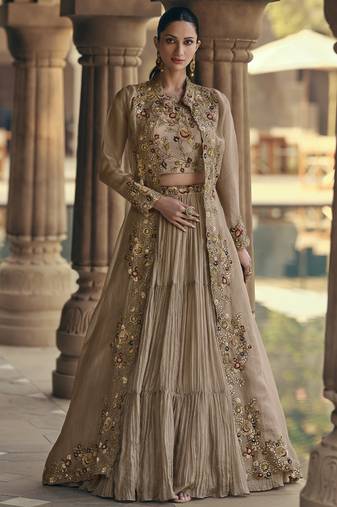 beige chinon silk embroidered ready to wear lehenga with strug