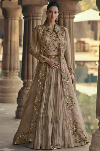 beige chinon silk embroidered ready to wear lehenga with strug