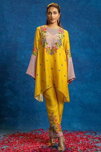 Yellow embroidered cotton kurta set