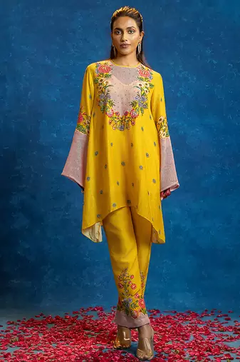 Yellow embroidered cotton kurta set
