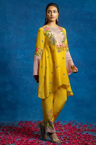 Yellow embroidered cotton kurta set